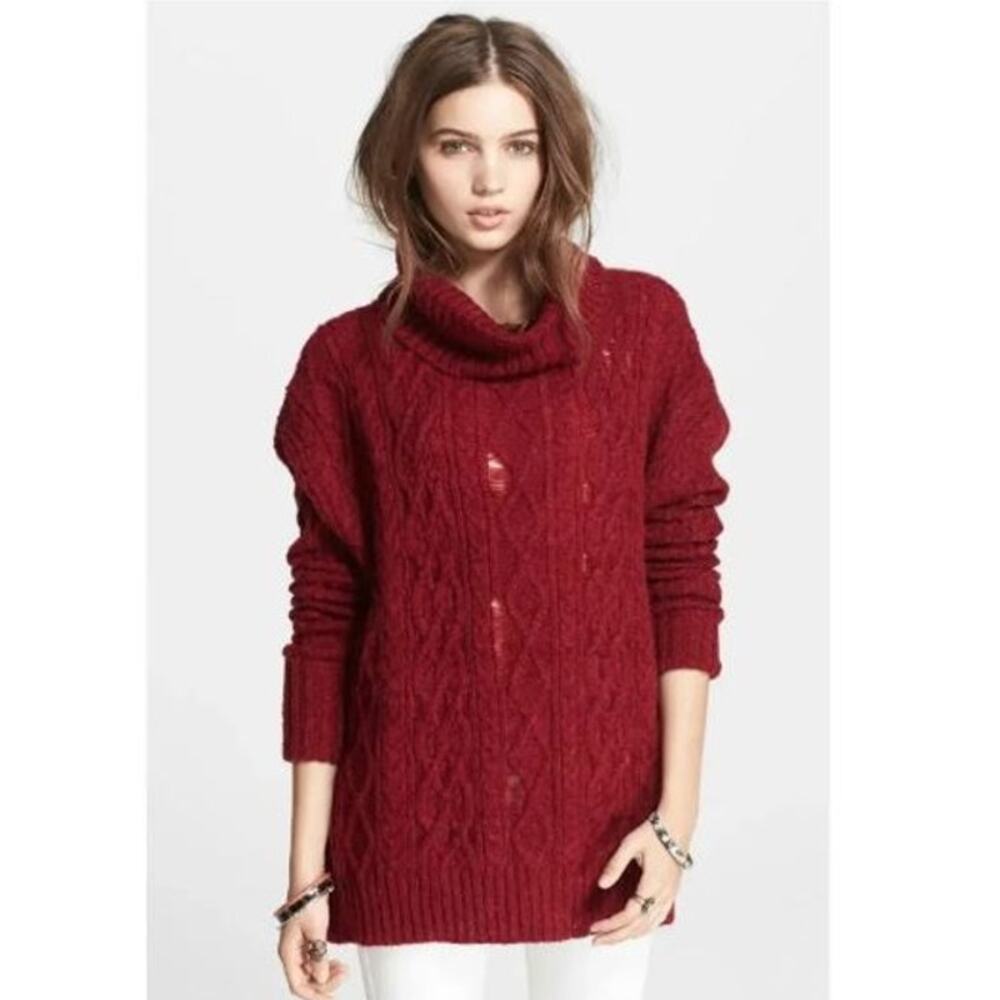 Free People L Red Complex Cable Knit Distressed Sweater Wool Alpaca Grunge $128